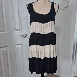 Lovestitch Lighweight Peasant Sleeveless Black Cream Tiered Swing Tank Dress M